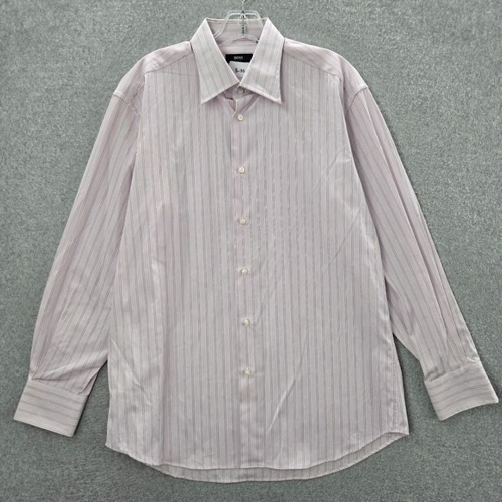 Hugo Boss Men Button Up Shirt 33 Pink Striped Dress Long Sleeve Collar Cotton